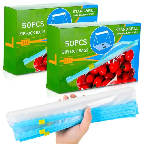 100 Pcs Food Storage Bags, Reusable Sandwich Bags (4.55L) Food Storage Freezer Bags, Zip Lock Bags Zip Seal for Fruits, Vegetables, Meat, Grains, Snacks, Widen Bottom Soup Freezer Bags
