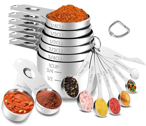 Minteem Stainless Steel Measuring Cups and Spoons Set with Easy to Read Markings, 8 Nesting Measuring Cups, 7 Spoons & 1 Leveler, Kitchen Gadgets for Measuring Dry or Liquid Ingredients, Round
