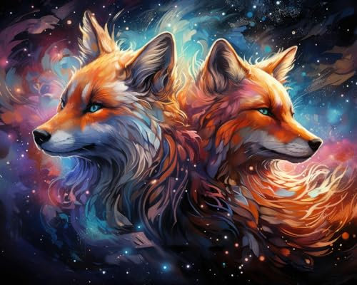 TISHIRON DIY Malen nach Zahlen Erwachsene Zwei Füchse im Universum Ölgemälde Erwachsene Malen nach Zahlen Kits auf Leinwand Kunsthandwerk für Home Wall Deco 16x20