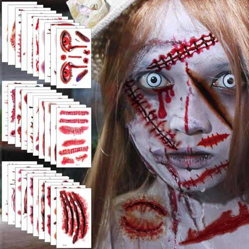Tatouage Halloween, 280+PCS/60 Feuilles Tatouages Cicatrice Temporaires - Halloween Zombie Tattoo Ephemere Autocollants avec Faux Sang, Spécial FX Costume Maquillage Visage pour Adulte Femme Enfant