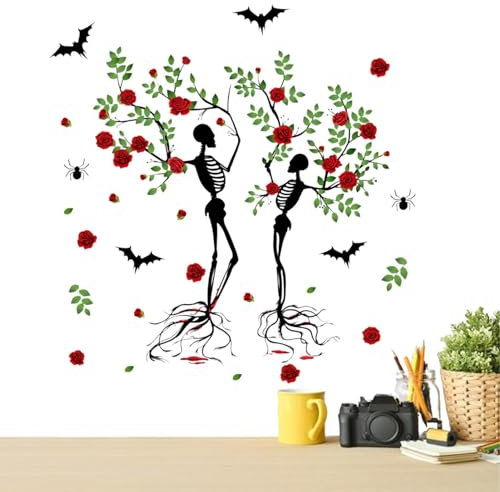 Halloween Totenkopf Baum Wandtattoo,Halloween Wandtattoo - 2 Stück Paar Totenkopf mit Bäumen selbstklebende Aufkleber - Wandaufkleber mit Bäumen, Gothic-Skelett-Aufkleber,