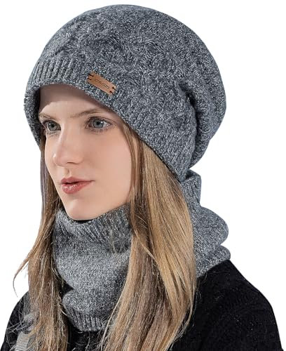 WANYI Damen Mütze Winter Beanie Slouchy Wintermütze Strickmütze Warme Mützen Schal Set mit Weichem Innenfutter für Herbst Winter Frühjahr (Dunkelgrau)