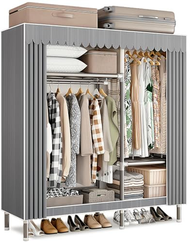Dictstarst Armoire De Rangement Penderie Tissu, Penderie Portable avec Barre De Suspension, Porte-vêtements Pliable, Armoire Chambre Dressing Montage Simple Et Rapide, Rayures Grises
