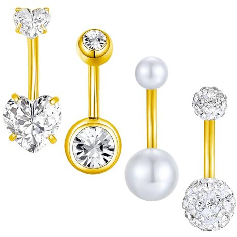 Gojewen 4er Kurzes Bauchnabelpiercing 6mm Gold Piercing Bauchnabel Chirurgenstahl Klein Bauchpiercing Herz Perle Kristall Damen Frau