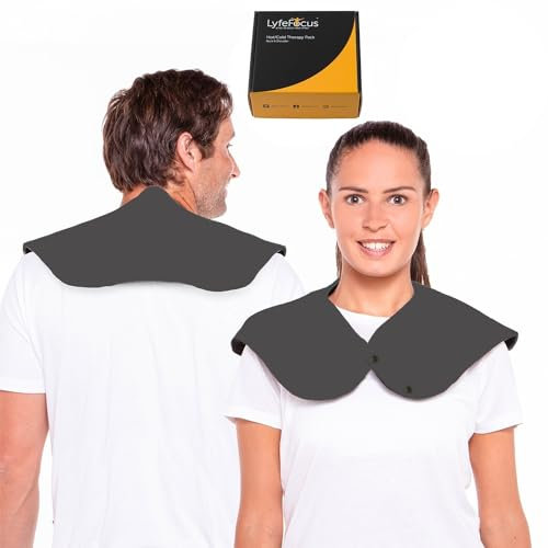 LyfeFocus Reusable Hot & Cold Pack Gel Heat Wrap for Neck & Shoulder Pain - Flexible, Microwaveable & Freezable Ice Pack - Shoulder Heat Pad for Tension & Pain Relief – Grey Protective Cover