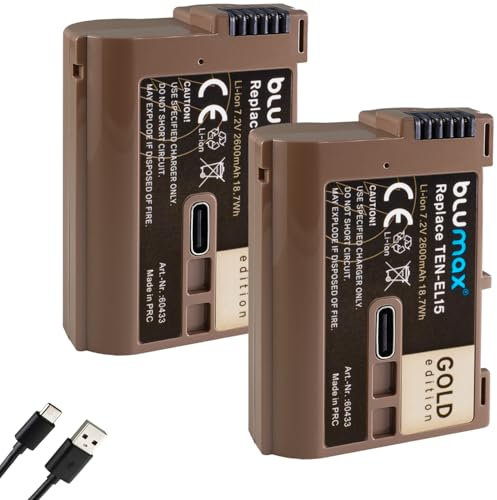 Blumax Lot de 2 batteries compatibles avec Nikon, EN-EL15, 2600 mAh, EN-EL15c EN-EL15b EN-EL15a avec prise de charge USB de type C pour Z5 D850 D7500 - Z8 Z7 II Z6 III Zf