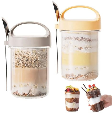 Overnight Oats Jar,Bocal Verre Avec Couvercle Bocaux en Verre Hermétique -Bocaux en Verre Avec Cuillere Meal Prep Verre Confiture D'avoine,Yaourt,Céréales,Salade,Pudding,Bouillie 400ml,2 Pièces