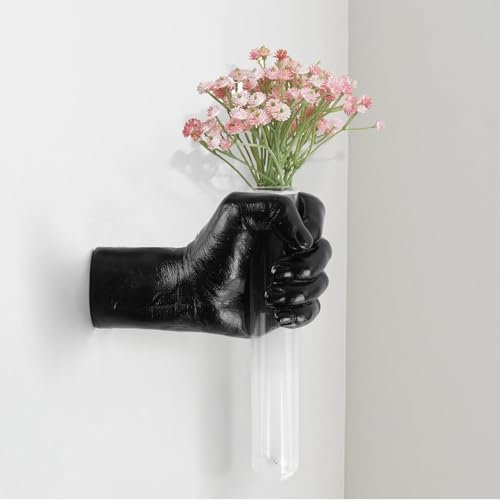 XYQXYQ Schwarze Wandskulptur mit Handvase – Einzigartige Wanddekoration aus Glas und Harz, inklusive Reagenzglasvasen, perfekt für Moderne Heimdekoration im Wohnzimmer, Schlafzimmer oder Büro