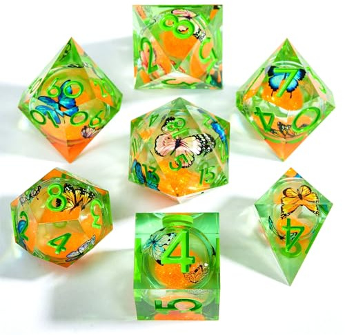 ORUZA 7 Stück Polyedrische DND Würfel Set Liquid Core D&D Würfel D4 D6 D8 D10 D12 D20 D% Schmetterling Treibsand Spielwürfel für Dungeons and Dragons RPG MTG Pathfinder Rollenspiele Spielwürfel