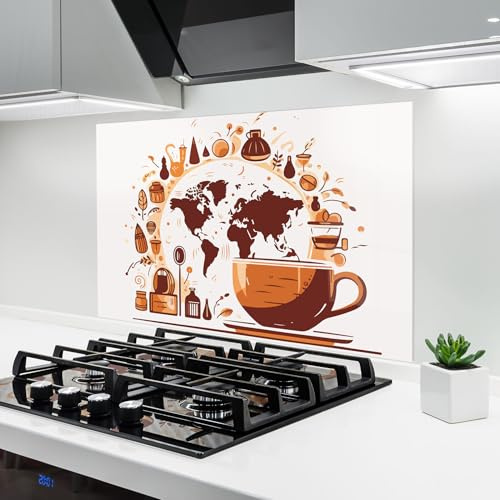 ARTHUB® Glass Kitchen Splashback 70x100 cm, Tempered Glass 4mm | Heat Resistant, Stove Splash Guard, Wall Protector, Food, Coffee Map