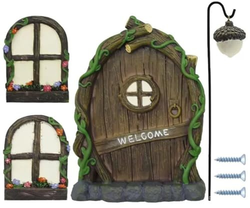 Feen Fenstertürskulptur, Harz Leuchtende Tür und Fenster, Miniatur Wichteltür Gartendeko Baumtür und Fenster Anhänger Feengarten Haustür Statuen Glühen im Dunkeln Märchengeheimnis Pflanzenhaus Decor