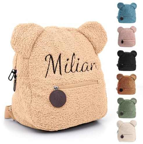 Personalisierte Rucksack Kinder mit Gestickt Name, Mini Kinderrucksack für Mädchen Junge, Kita Rucksäck Kleinkind, Klein Teddy Bär Kindergartenrucksack Schulranzen Tasche für Kindergarten (Khaki)
