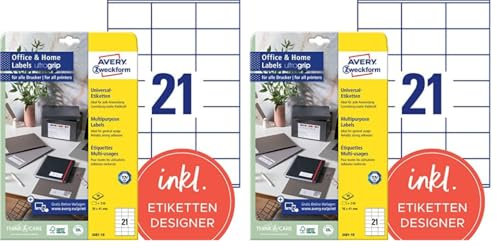AVERY Zweckform 3481-10 Adressaufkleber (210 Etiketten, 70x41mm auf A4, FSC, bedruckbare Absenderetiketten, selbstklebende Klebeetiketten mit ultragrip, ideal fürs HomeOffice) 10 Blatt, weiß