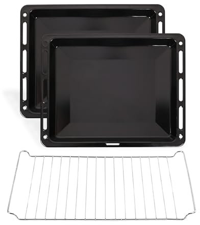 ICQN 460 x 370 x 30 mm Backblech Set mit Gitter, 2x Emaillierte Fettpfanne und 1x Gitter für Backofen, Kratzfest & Rosfrei, 46 x 37 cm