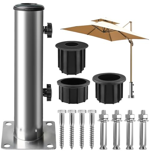 Pied de parasol universel avec 3 anneaux de réduction (32/39/49 mm), douille pour ponts, terrasses, tables de pique-nique