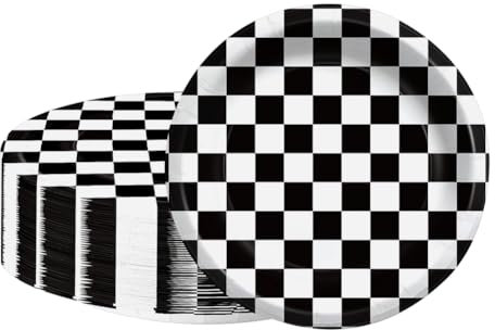 FSSTUD 50 Pcs 18cm Black White Checkered Paper Plates Round Checker Plates Race Car Birthday Dinner Plate Decorative Table Bowl Racing Dessert Bowls for Race Fans