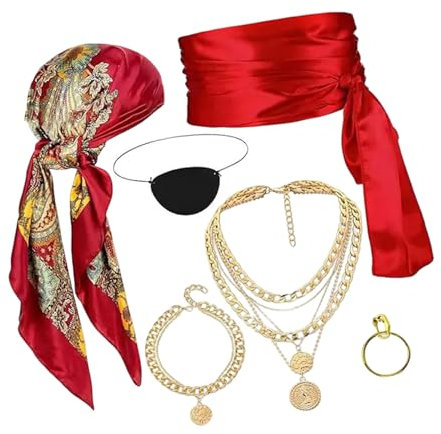 Lerpwige Piraten Kleiderkostüm Mit Kopftuch Piratenschärpe Halskette Armband Augenflecken Clip Auf Ohrringen Für Frauen Männer Cosplay