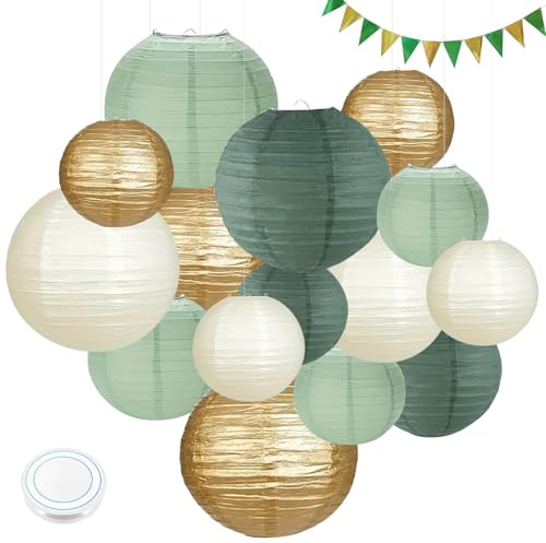 15 Stück Grün Gold Papierlaterne Lampion, Runde Hängende Papierlaternen mit Wimpel und Angelschnur, Salbeigrün Lampions für Brauthochzeitsdekoration, Gartenparty Dekoration (Größe: 25cm, 20cm, 15cm)