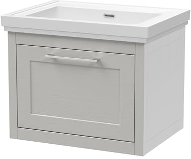 Balterley Vanity Unit with Basin Wall Hung, Single Drawer Soft Close with No Tap Hole Rectangular Sink and Handle, Bathroom Vanity Units, Traditional Design Sink Cabinet - 630 x 471 x 515mm (Grey)