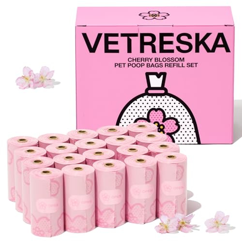 VETRESKA Sacs pour déchets canins parfumés à la fleur de cerisier, étanches, extra épais et grands, pour promenades avec votre chien et litière pour chat, 300 sacs