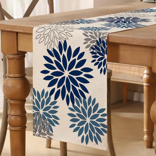 Tischläufer Blumen Blau Marineblau Dunstblau Dahlien Tischläufer Modern Herbst Saisonal Table Runner Küche Tisch Dekoration Tischdecke für Hochzeit Esszimmer Drinnen Urlaub Party Dekor 40x100 cm