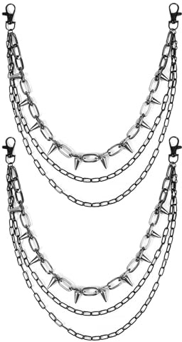 Aiyraa 2Pcs Jean Chain, Chains for Jeans, Silbver & Gun Black Rivet Punk Gothic for Men Women, Fashionable Mens Trouser Chain with Lobster Clasps, Hip Hop Belt Chain