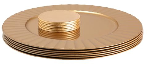 Argon Tableware Round Charger Plates Set with Coasters - 33cm - Gold Flute - 12pc Reusable Hard Plastic Dinner Table Setting Wedding Party Decor Decorative Serving Tableware Chargers Placemats