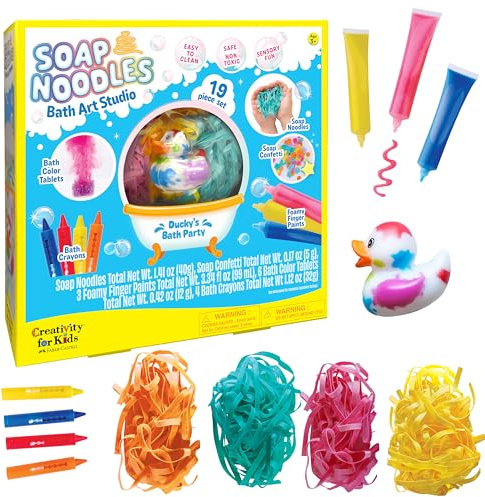 Creativity for Kids Bath Toy | Soap Noodles Art Studio | Washable Bathtub Paints, Toddler Bath Crayons, and Soap Confetti | Squeeze & Float Rubber Duck – Mold Free - 19 Piece Art Set (Ages 3+)