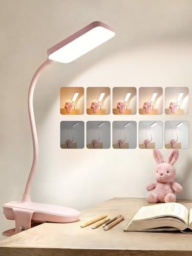 Pink Lamp,9 Brightness+5 Color Clip on Light,48 LED Desk Lamp Reading Light | 4000mAh Battery Rechargeable,Cordless+Wireless+Portable, Small Cute Lamp for Kids & Girls Bedroom/Bed/Headboard/Bedside Table