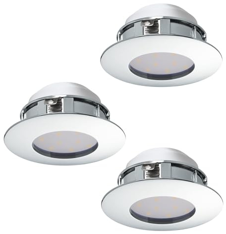 EGLO LED 3er Set Einbaustrahler Pineda, Spots aus Kunststoff | 3 Einbauleuchten in Chromfarben, Einbauspot flach, warmweiß, Ø 7,8 cm