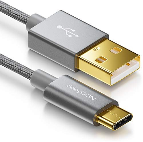 deleyCON 2m USB-C Kabel - Ladekabel Datenkabel - Nylon + Metallstecker - USB C auf USB A - Kompatibel mit Apple Samsung Google Huawei Xiaomi Tablet Laptop PC - Grau