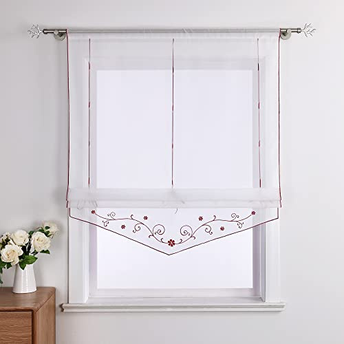 Yujiao Mao Voile Raffrollo Küche Gardine Mit Stickerei Bändchenrollo Mit Tunnelzug Transparent Raffgardine Weiß Rot BxH 60x140cm 1 Stück
