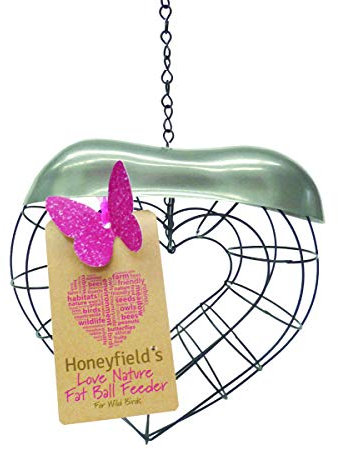 Honeyfields Wild Bird 'Love Nature' Fat Ball Suet Feeder, Heart Shaped, Black metal with a Decorative Stainless Steel lid, Easy to Hang & a great Gift for a Loved one