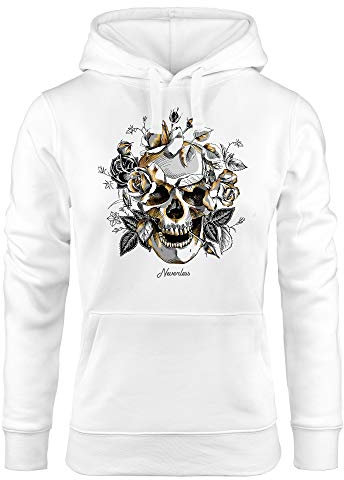 Neverless® Hoodie Damen Totenkopf Rosen Skull Roses Schädel Kapuzen-Pullover Frauen weiß M