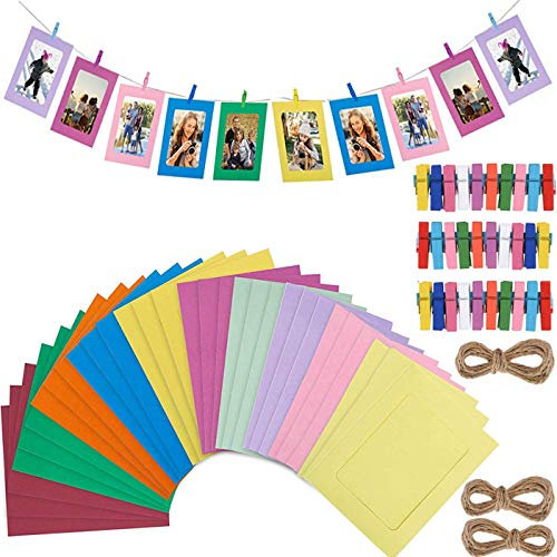 Fashion HW 30 stücke Fotorahmen aus Pappe, zum Aufhängen, 10 x 15 cm,DIY Kraftpapier Bilderrahmen Hängende Wanddekoration mit 30 stücke Clips und 3 stücke Hanf Seile Set (Colorful)