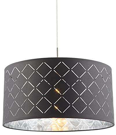 Hängelampe Esstisch Rund Modern Pendelleuchte Schlafzimmer Grau Lampenschirm Stoff 40 cm Hängeleuchte Esszimmerlampe Textil Pendellampe Wohnzimmer Hängend Höhe 140 cm