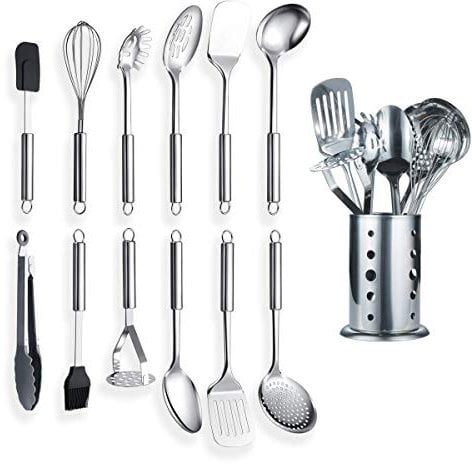 Berglander Stainless Steel Kitchen Utensil 12 Piece with 1 Stand, Cooking Spoon, Kitchen Tools Cooking Utensil with Holder. (13 Pieces)