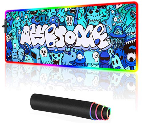 Anime Graffiti Awesome Large RGB Gaming Mouse pad Non-Slip Rubber Base Mice Keyboard Mat (Blue)