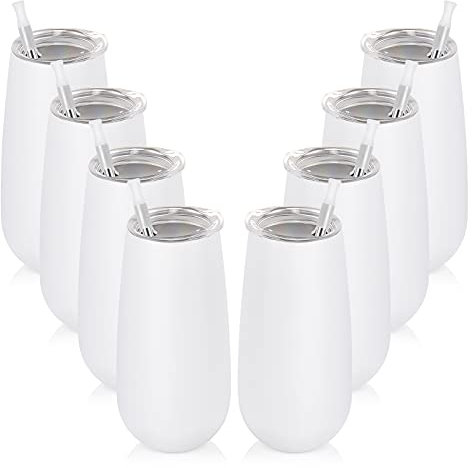8 Pack Insulated Champagne Tumblers, Stemless Champagne Tumbler 6 Oz, Champagne Flutes Wine Tumbler, Unbreakable Cocktail Cups with Lid, Gift for Family Friends Christmas Birthday Wedding (White)