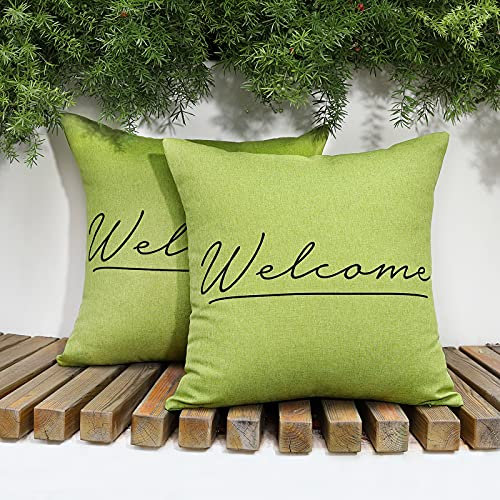 Lewondr Outdoor Kissenbezug, 2er Pack Wasserdicht Kissenhülle mit Welcome Drucken, UV Schutz Zierkissenbezug Kopfkissenbezug mit Beschichtung für Sofa Stuhl Garten Lounge(45x45cm) - Grün