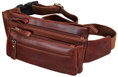 ROYALZ 'Vegas' Bauchtasche Leder Flach Herren Damen Flache Gürteltasche Vintage 5 Fächer Retro Hüfttasche Brusttasche, Farbe:Roma Cognac Braun
