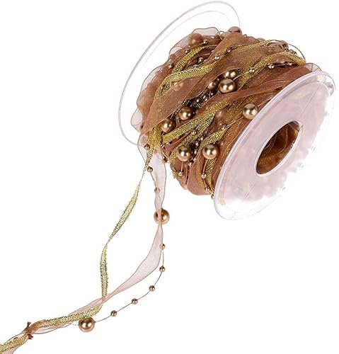 10M Perlenband Chiffon-Band und Organza-Spitze-Band-Dekoband Spitze Zierband für Hochzeits-Blumen- Nähen Handwerk Verpackung (gold)