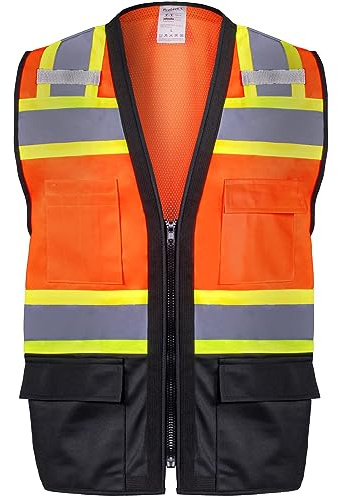 ProtectX 6-Pocket Class 2 High Visibility Safety Vest for Men Women, Reflective Vest with Zipper Front & Mesh Back, Hi Vis Vest for Work & Construction, Lime Orange-Black - 2X Large