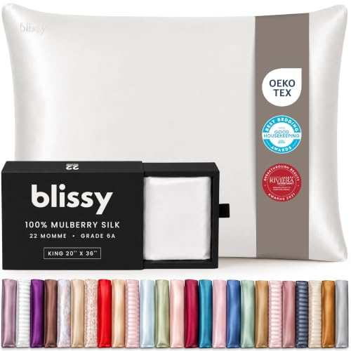 Blissy Silk Pillowcase - 100% Pure Mulberry Silk - 22 Momme 6A High-Grade Fibers - Silk Pillow Cover for Hair & Skin - Regular, Queen & King (Blissy White, King)