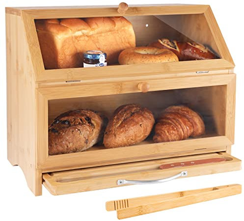 MAISONPEX Double Layer Large Bamboo Bread Box for Kitchen Countertop, Cutting Board, and Stainless Steel Bread Knife, Large Capacity Bread Storage Container with Clear Windows (Self-Assembly)