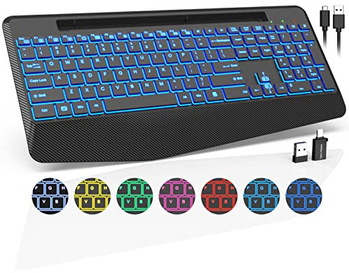 Tastiera wireless con retroilluminazione a 7 colori, poggiapolsi, supporto per telefono, tastiera ergonomica ricaricabile per computer con tasti silenziosi, tastiera illuminata full size per Windows,