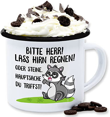 Emaille Tasse Blechtasse - Statement Sprüche - Bitte Herr Lass es Hirn regnen - 300 ml - Weiß Schwarz - mit spruch sarkasmus waschbär tassen spruechen büro dumm metalltasse sprüche, waschbären