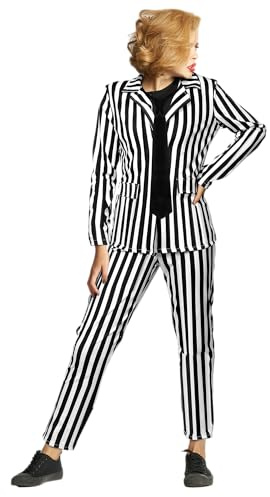 Haysandy Damen Schwarz und Weiß Gestreifter Anzug Beinhaltet Offene Front Gestreifte Blazer Leggings Länge Hose mit Krawatte für Halloween, schwarz, weiß, XX-Large