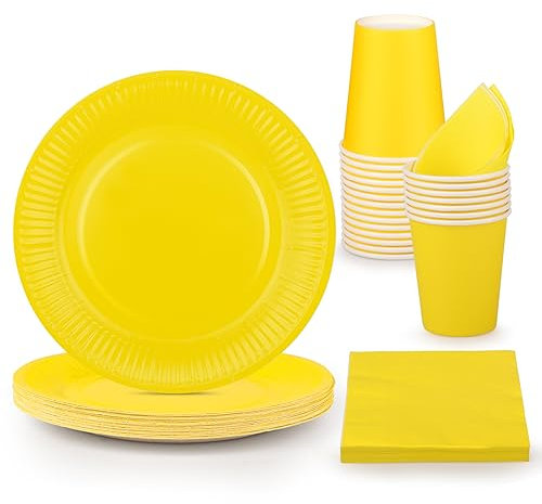 Fowecelt Party Plates Cups Napkins - 90pcs Paper Plates and Cups Set, Yellow Party Tableware, Disposable Dinnerware Party Supplies for Birthday Decoration, P-CSCJTZ-YEL-90-FO-EUR2