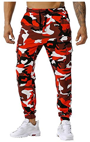 KONG JIMFAN Arbeitshosen Männer Lässig Sweatpants Taschen Chino Hose Herren Sport Handschuhe Gym Hosen Männer Hose Mit Knöpfen Japanische Hose Jogger Laufhosen Modern(Rot,L)